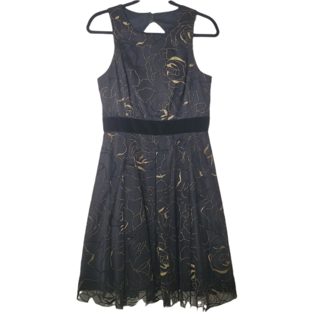 Eliza J Black & Gold Floral‎ Mesh Fit & Flare Dress Size 8 Keyhole Back